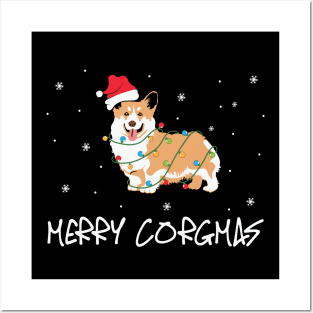 Merry Corgimas Pembroke Welsh Corgi Wearing Santa Hat Wrapped in Christmas Lights Posters and Art